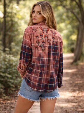 Upcycled Hand Painted Butterflies and Flowers Flannel Shirt - Bleached Blue Red